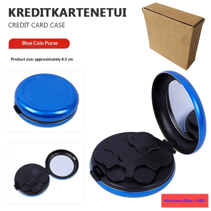 Portable Euro Coin Storage Box - Compact Money Organizer with Built-in Mirror for Travel and Home Use